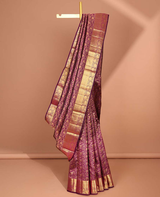 Maroon floral jacquard kancheepuram silk saree with self zari border & argyle zari design pallu