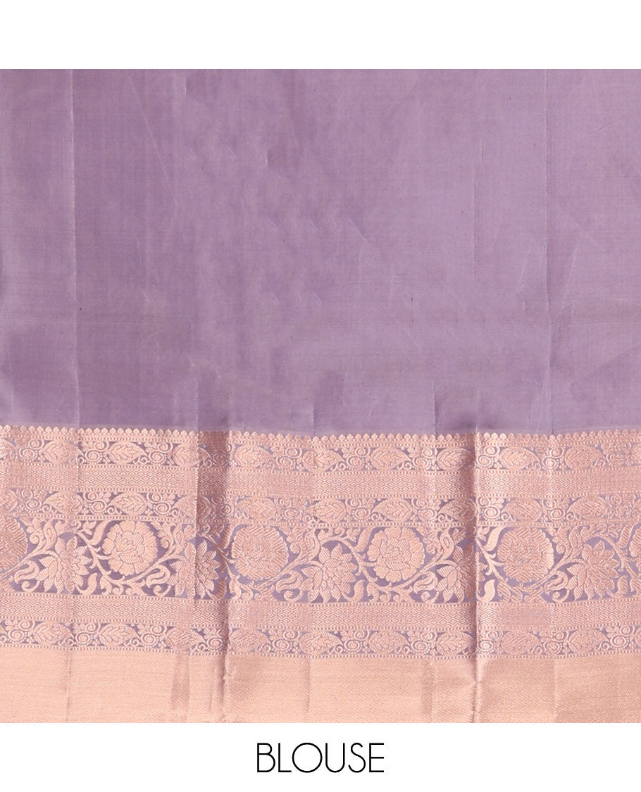 Grey floral-bird jacquard wedding silk saree, zari border of thilakam mokku, muthu, mayil kann & kodi visiry & floral design pallu