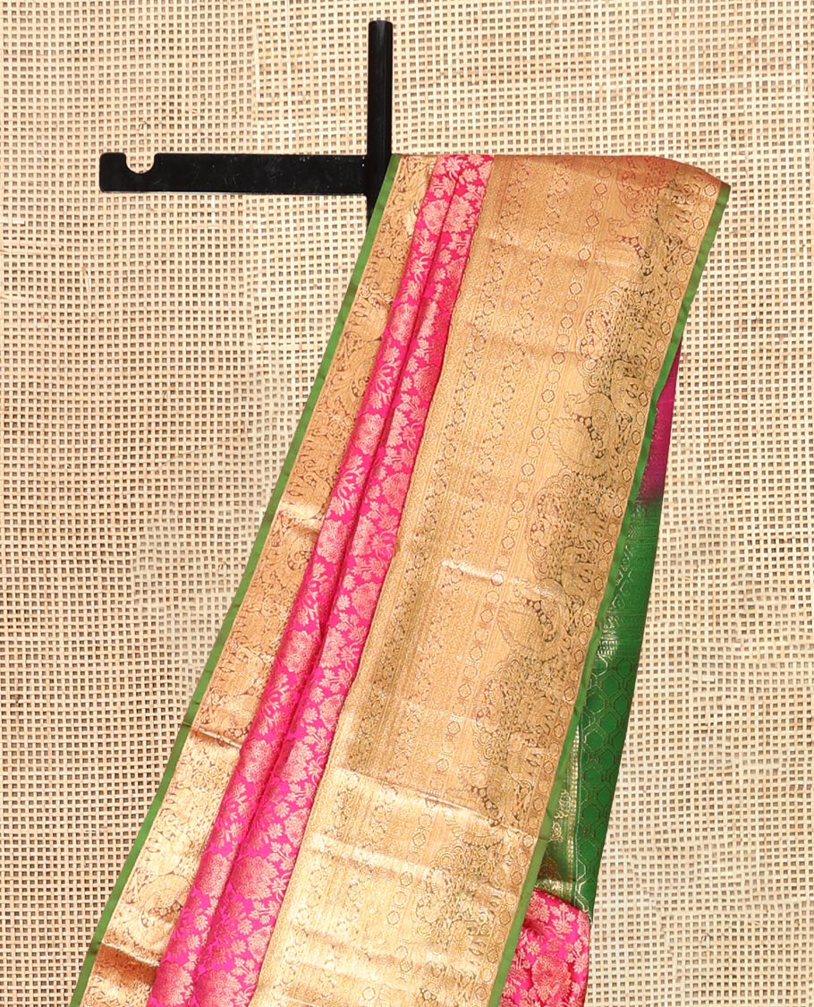 Pink Kanchipuram Wedding Silk Saree, Graced with Jacquard Design, a Contrast Border of Thilakam, Poun, Kamalam, Diamond, Kodi Visiry, Yaanai and Mayil, Grand Pallu, and a Contrast Blouse