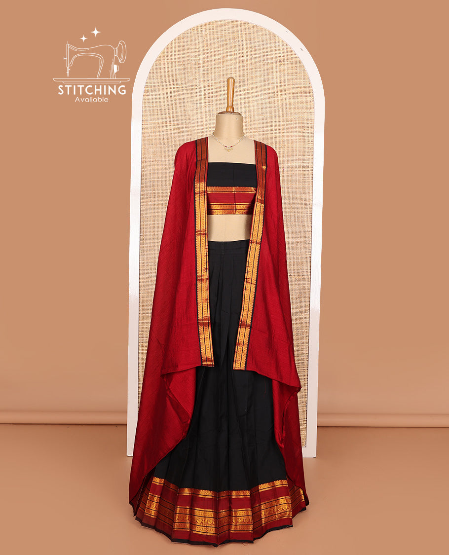 Black cotton half-saree, plain with contrast traditional zari bordered skirt, matching blouse, and contrast zari border dhavani