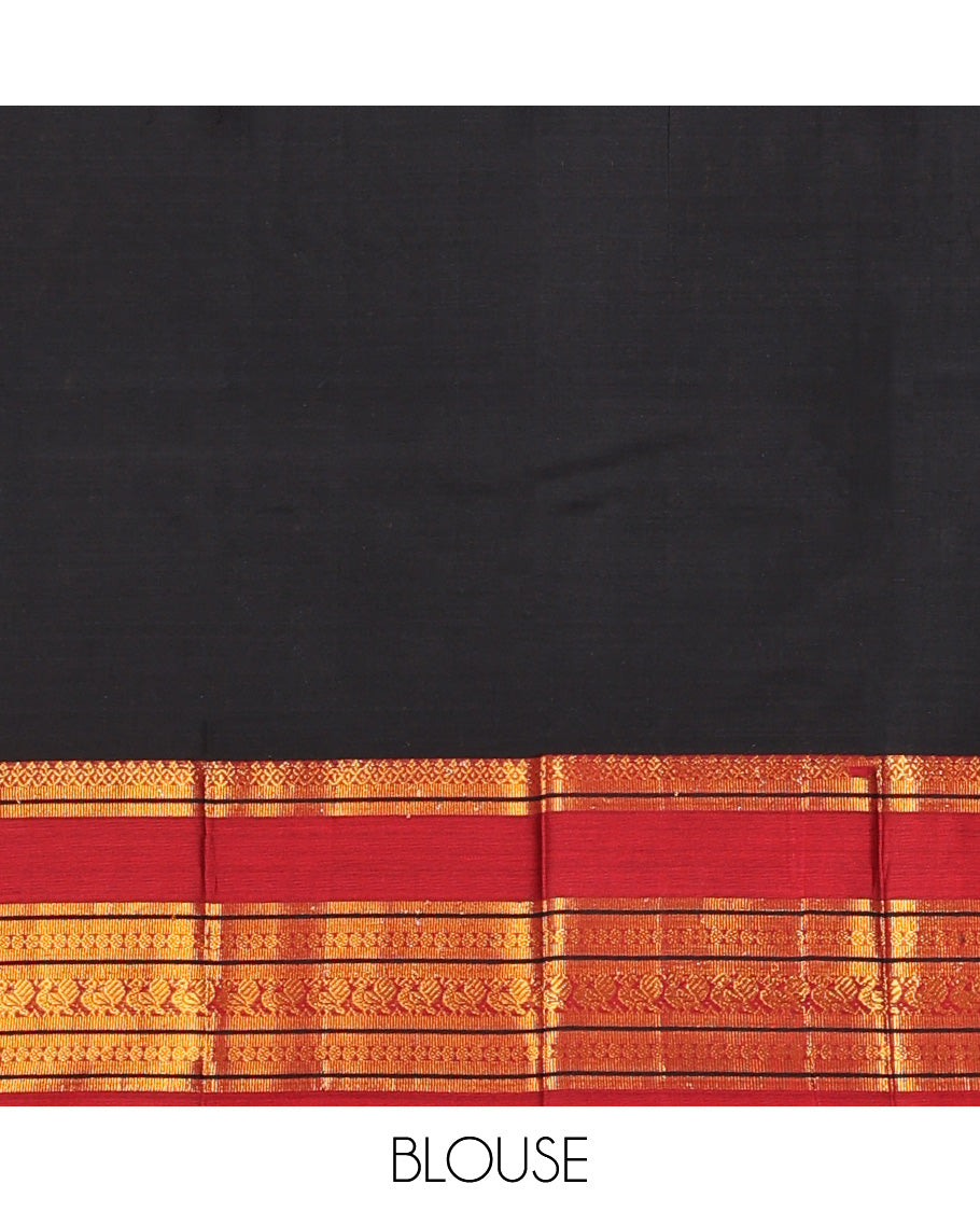 Black cotton half-saree, plain with contrast traditional zari bordered skirt, matching blouse, and contrast zari border dhavani