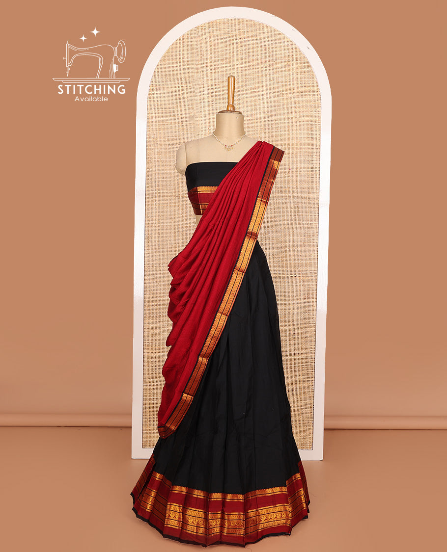 Black cotton half-saree, plain with contrast traditional zari bordered skirt, matching blouse, and contrast zari border dhavani