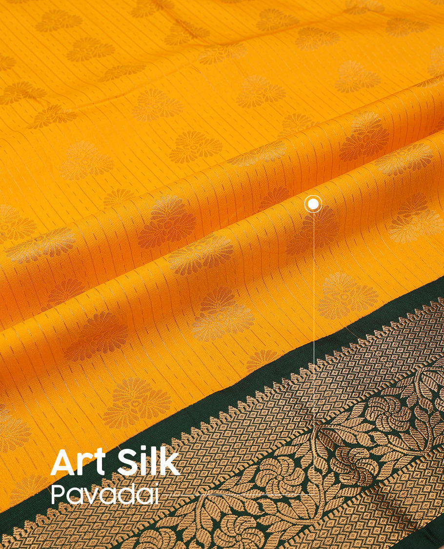Yellow art silk pavadai set, zari design with contrast traditional zari bordered skirt and a contrast zari border blouse