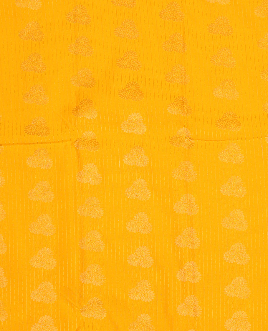 Yellow art silk pavadai set, zari design with contrast traditional zari bordered skirt and a contrast zari border blouse