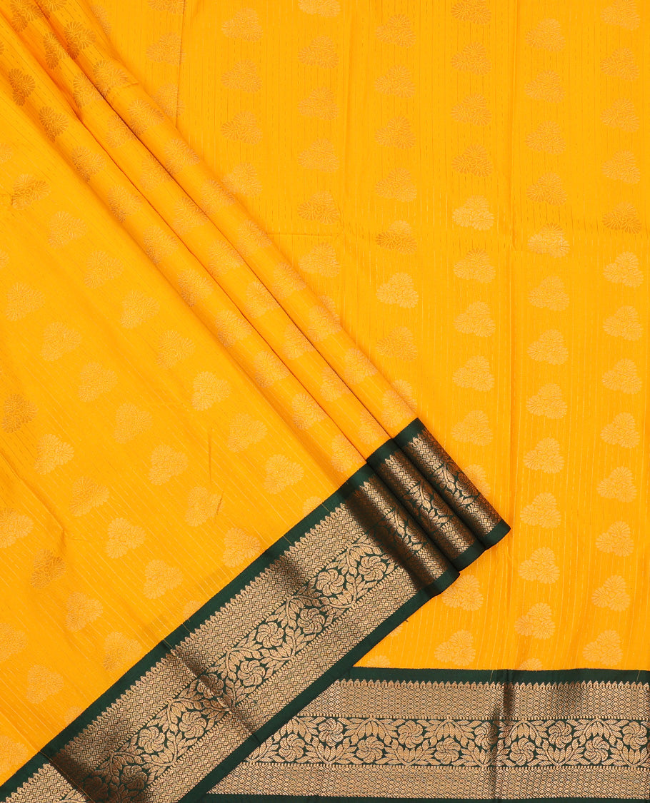 Yellow art silk pavadai set, zari design with contrast traditional zari bordered skirt and a contrast zari border blouse