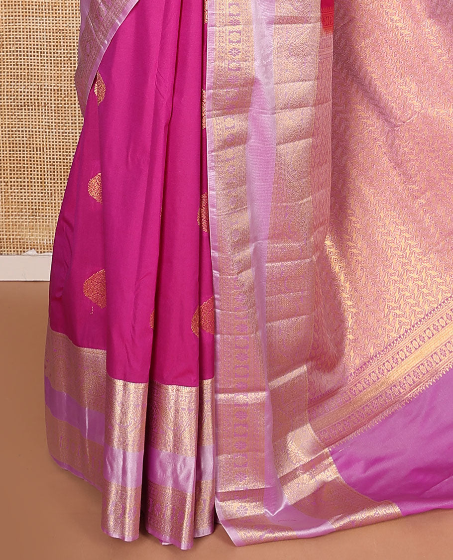 Pink zari buttas budget silk saree, contrast traditional zari border, and geometric patterned pallu
