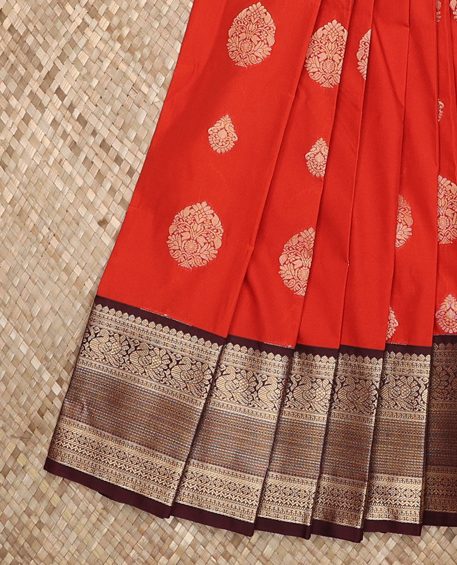 Orange zari buttas budget silk saree, contrast traditional zari design border, and jaal pallu