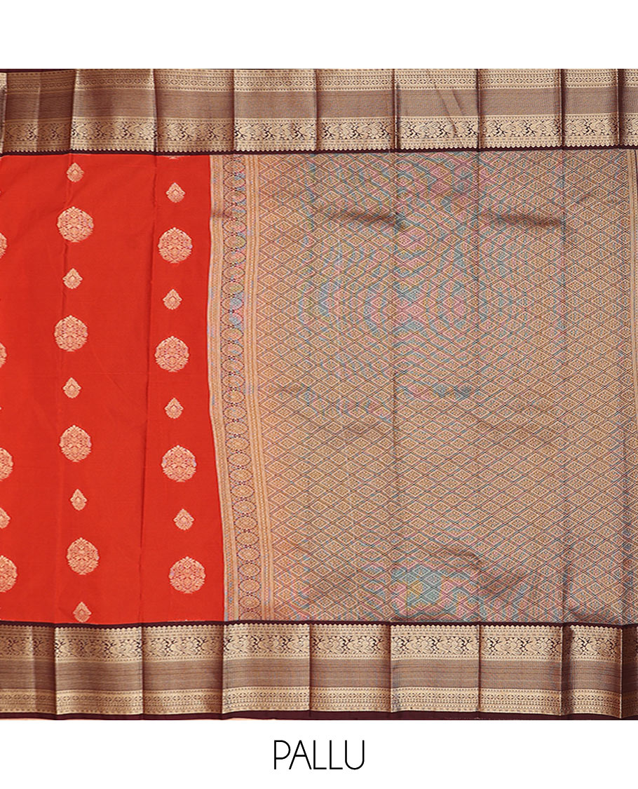 Orange zari buttas budget silk saree, contrast traditional zari design border, and jaal pallu