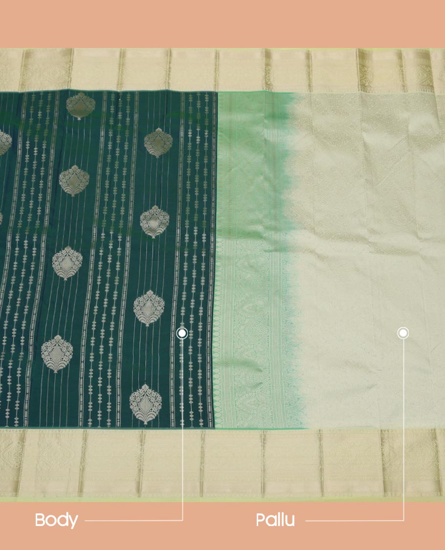 Blue Budget Silk Saree Woven with Intricate Zari Buttas, Featuring a Contrast Traditional Zari Design Steeped Border, Zari-Designed Pallu, and a Contrast Zari-Bordered Blouse