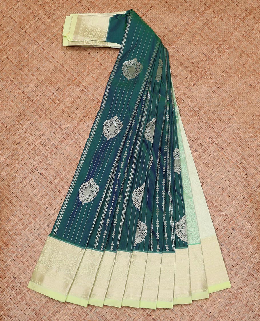 Blue Budget Silk Saree Woven with Intricate Zari Buttas, Featuring a Contrast Traditional Zari Design Steeped Border, Zari-Designed Pallu, and a Contrast Zari-Bordered Blouse