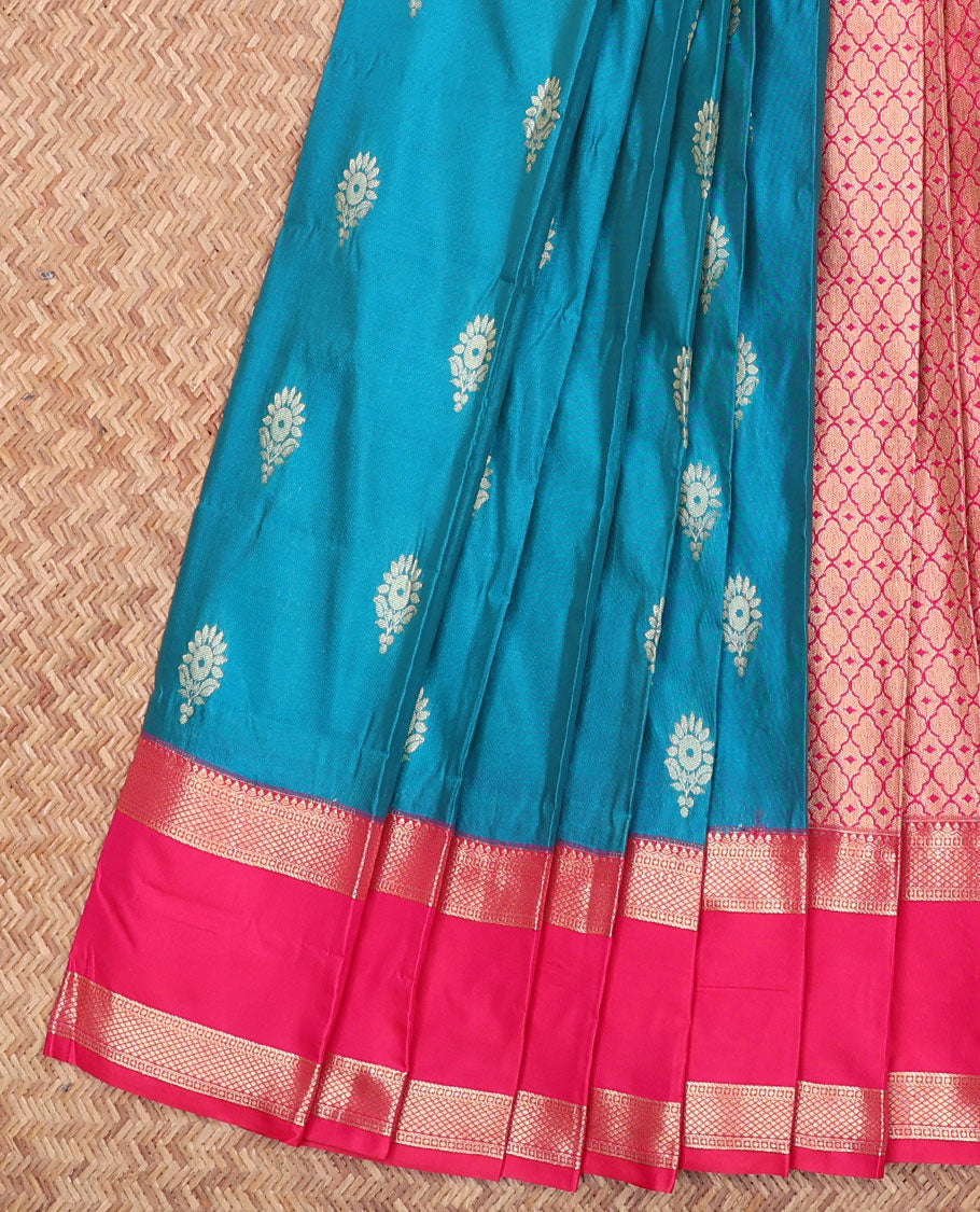 Blue Budget Silk Saree, Beautified with Buttas All Over Its Body, Complemented by a Contrast Traditional Zari Design Rettai Pettu Border, Gracefully Woven Pallu of Jaal Designs, and Paired with a Contrast Blouse