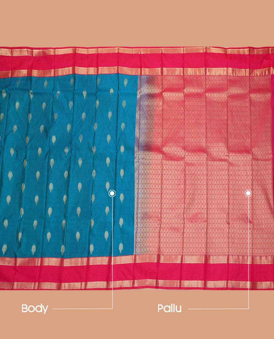 Blue Budget Silk Saree, Beautified with Buttas All Over Its Body, Complemented by a Contrast Traditional Zari Design Rettai Pettu Border, Gracefully Woven Pallu of Jaal Designs, and Paired with a Contrast Blouse