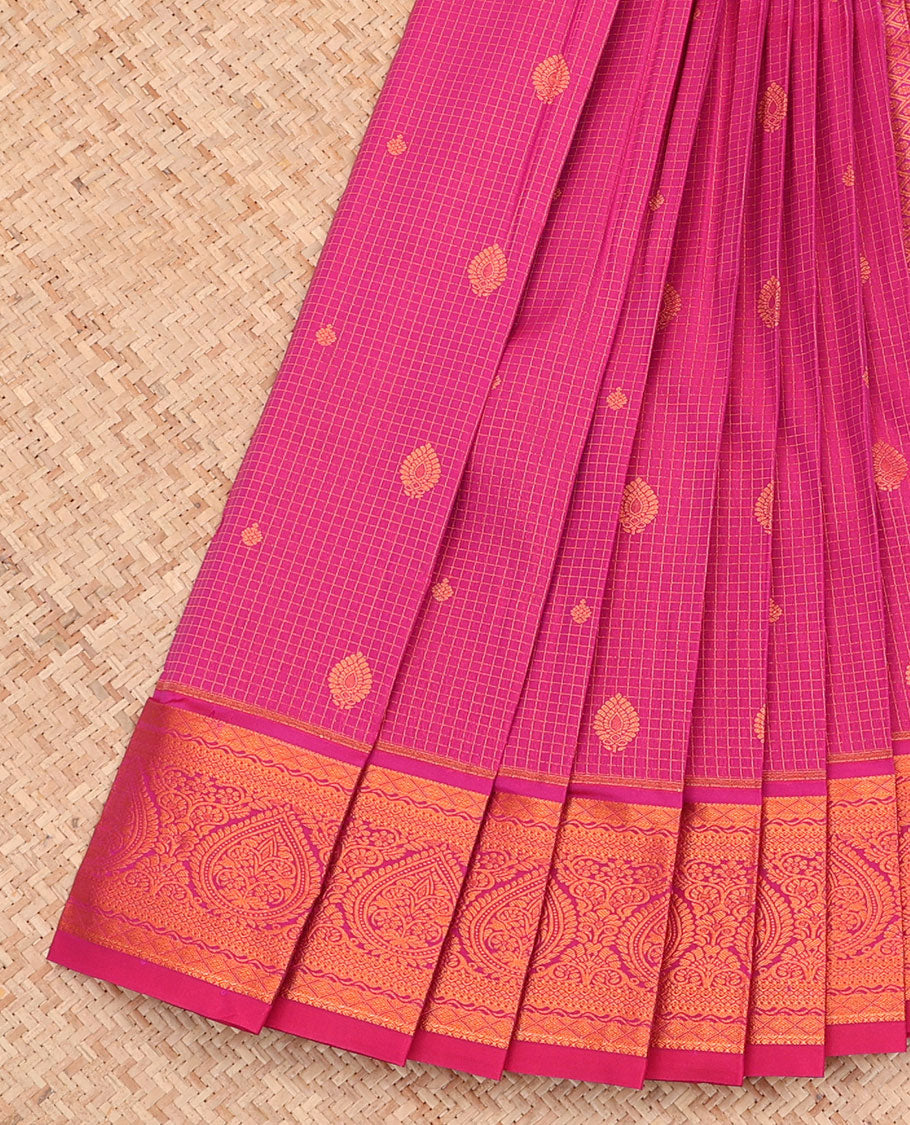 Pink Budget Silk Saree, Enthralled with Zari Buttas and Checks All Over Its Body, Highlighted by a Traditional Zari Design Border, Jaal Pallu, and Paired with a Matching Blouse