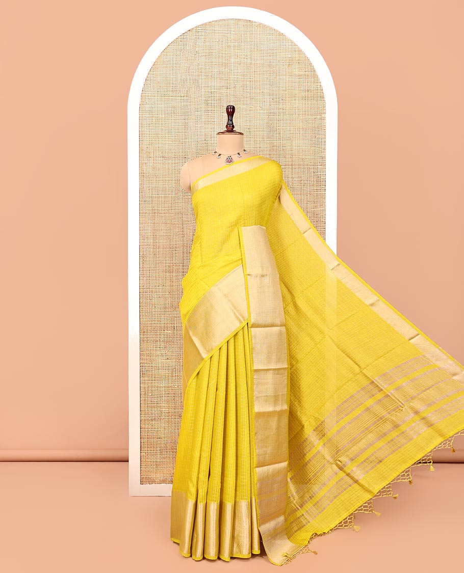 Yellow Assam Silk Saree, Subtly Sparkled with Checks, Traditional Zari Border, Zari Striped Pallu, and a Contrast Blouse