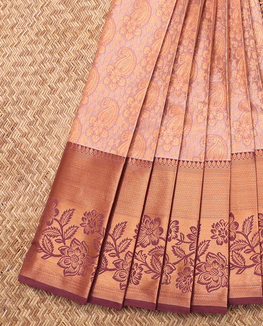 Peach Budget Silk Saree, Ornamented with Paisley Jacquard, Complemented by Contrast Traditional Zari Border, Intricate Pallu, and a Contrast Blouse