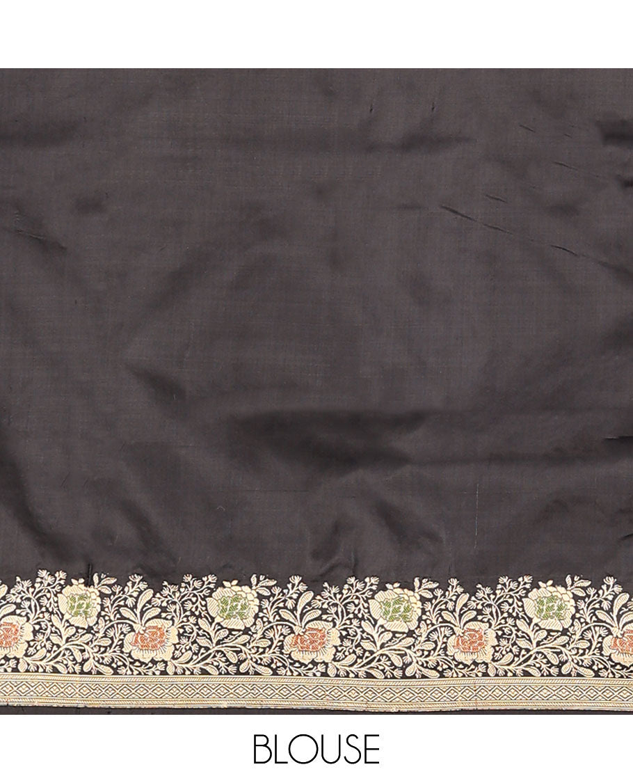 Black plain banarasi kathan silk saree, floral creeper meenakari border, and Mughal-style arches and floral design weave