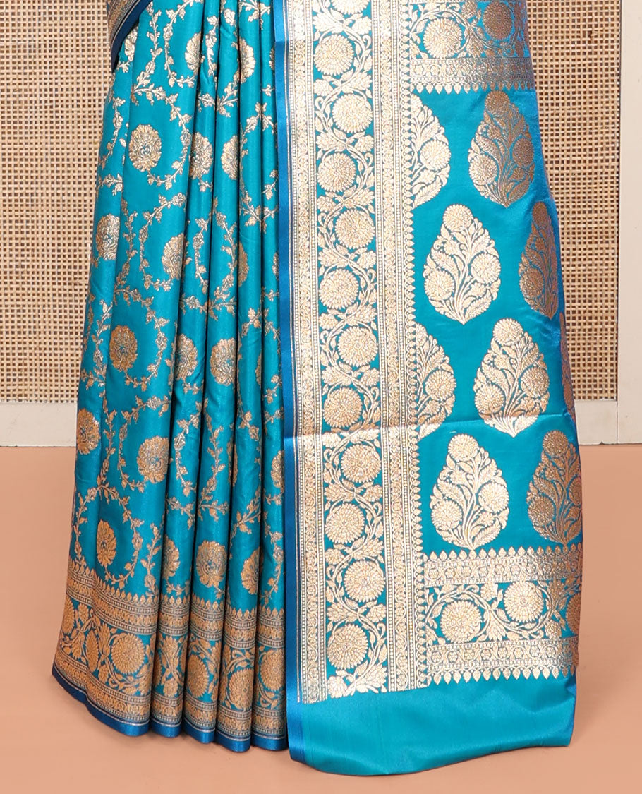 Blue Banarasi Nylon Saree, Finely Crafted with Jaal Jacquard, Floral Creeper Zari Border, Intricate Pallu, and a Matching Blouse