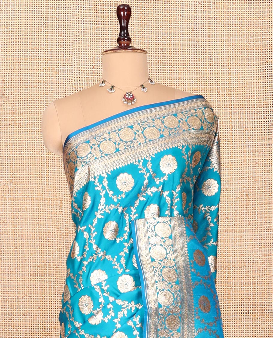 Blue Banarasi Nylon Saree, Finely Crafted with Jaal Jacquard, Floral Creeper Zari Border, Intricate Pallu, and a Matching Blouse