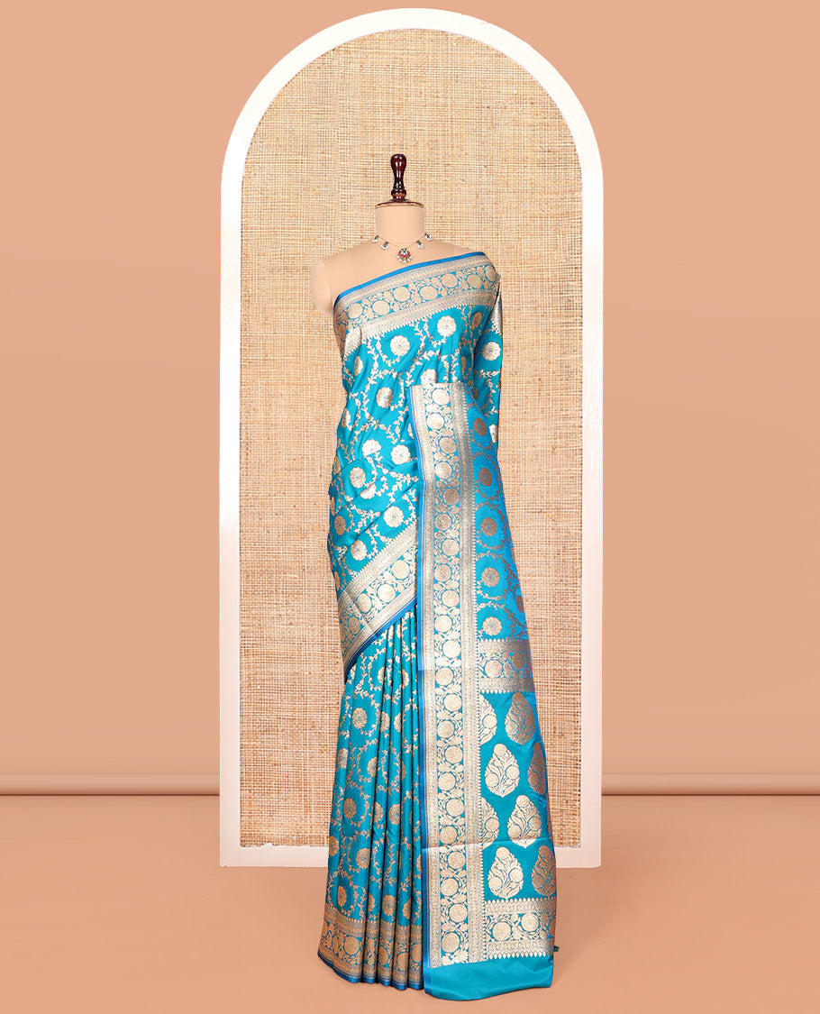 Blue Banarasi Nylon Saree, Finely Crafted with Jaal Jacquard, Floral Creeper Zari Border, Intricate Pallu, and a Matching Blouse