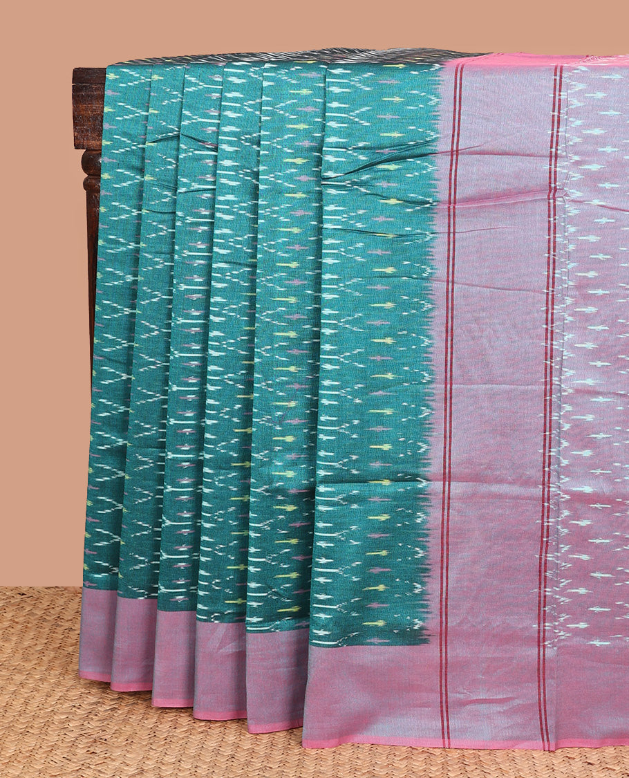 Peacock blue buttas ikkat cotton saree, contrast plain border, and pallu of buttas