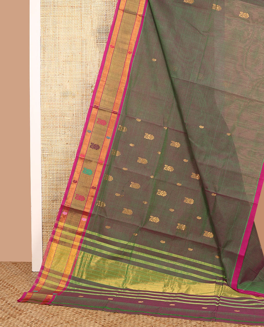Green dual-toned zari buttas Venkatagiri cotton saree with contrast thread work border, and pallu of zari stripes