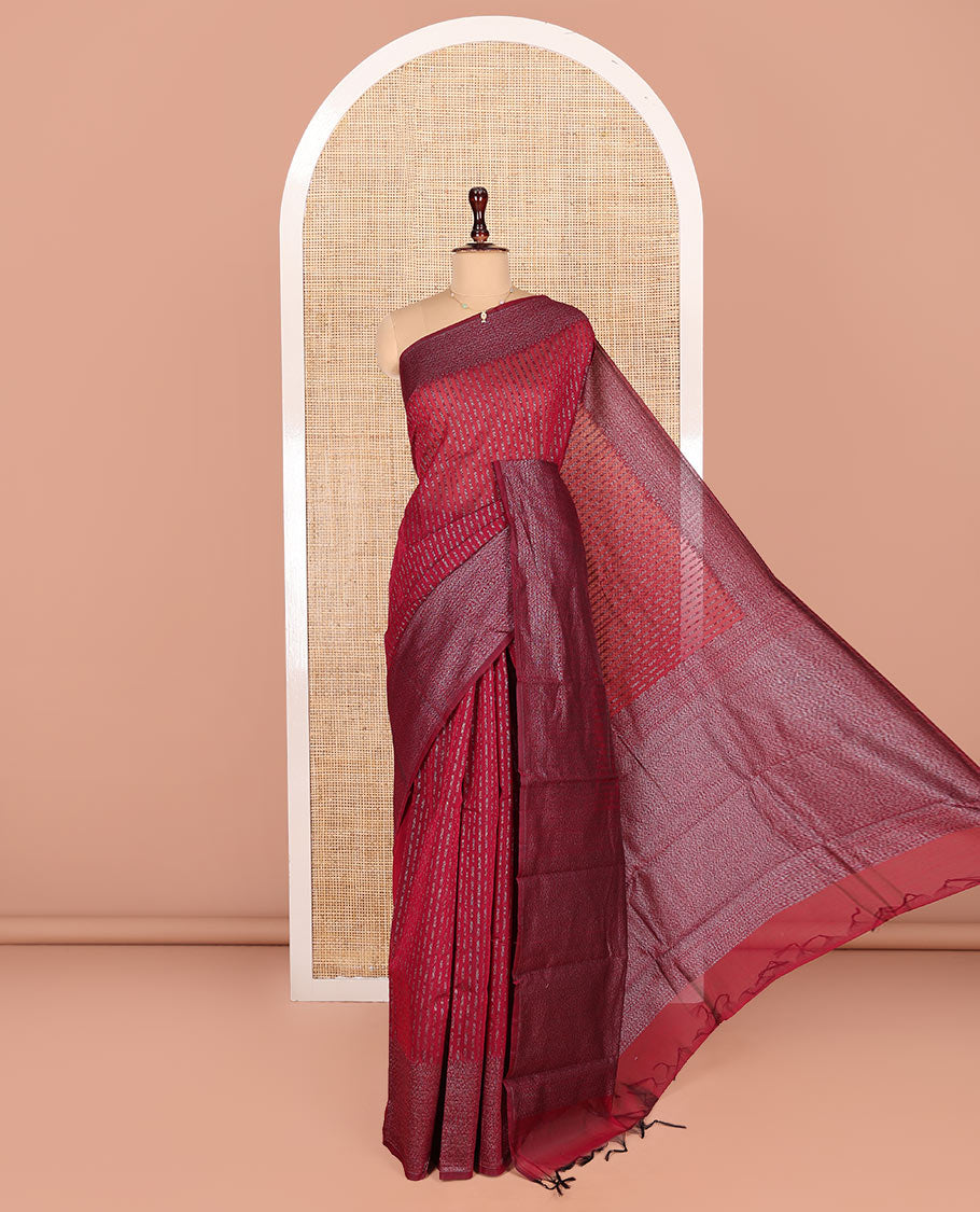 Red Semi-Silk Cotton Saree, Enriched with Zari Stripes All Over Its Body, Gleaming Zari Design Border, Intricately Designed Pallu, and Paired with a Matching Blouse