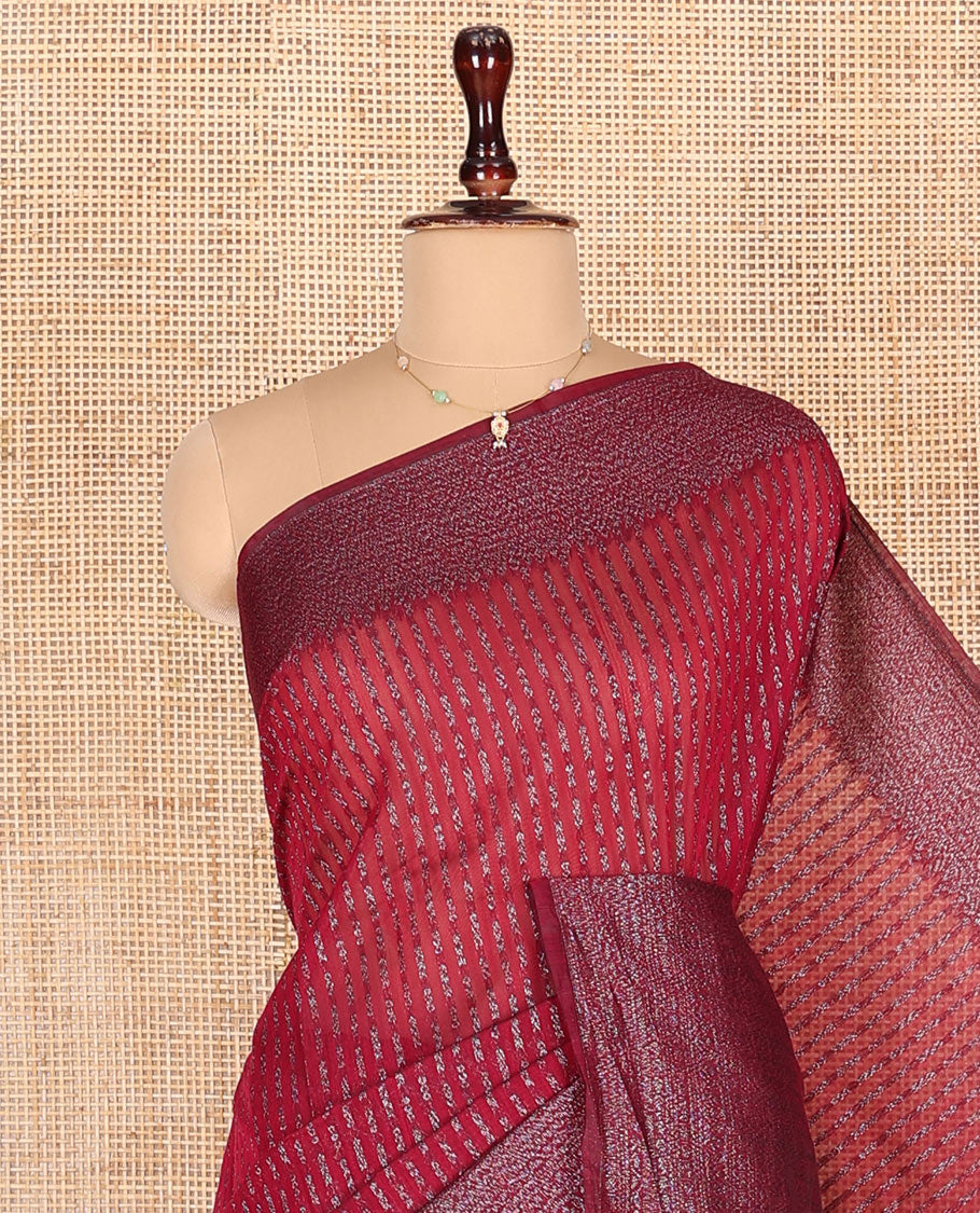 Red Semi-Silk Cotton Saree, Enriched with Zari Stripes All Over Its Body, Gleaming Zari Design Border, Intricately Designed Pallu, and Paired with a Matching Blouse