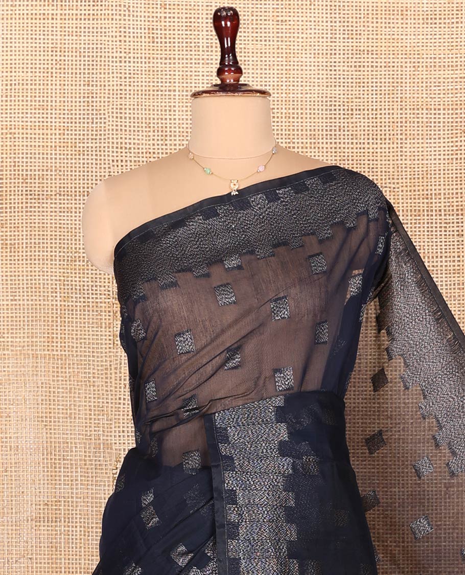 Blue Semi-Silk Cotton Saree, Detailed with Buttas on Its Body, Highlighted by a Zari Geometric Border, Gleaming Zari Decked Up Pallu, and Paired with a Matching Blouse