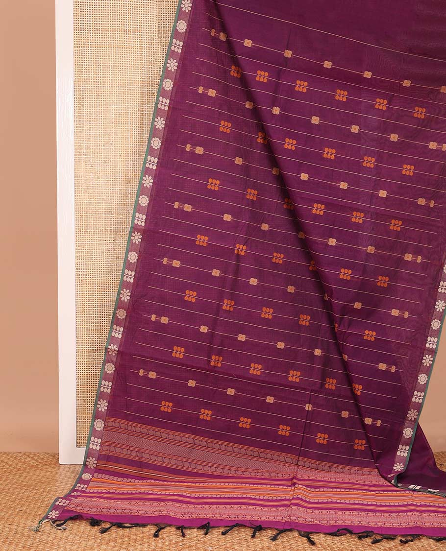 Purple floral stripes Coimbatore cotton saree, contrast butta border, and pallu steeped with traditional designs