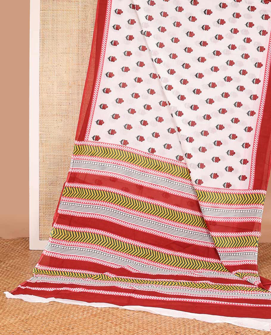 White cherry fruit motifs printed mul mul cotton saree, contrast border, and pallu of geometric patterns print