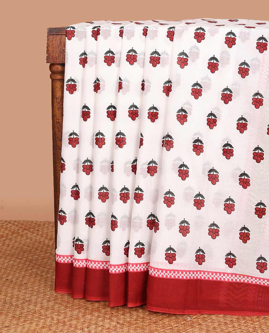 White cherry fruit motifs printed mul mul cotton saree, contrast border, and pallu of geometric patterns print