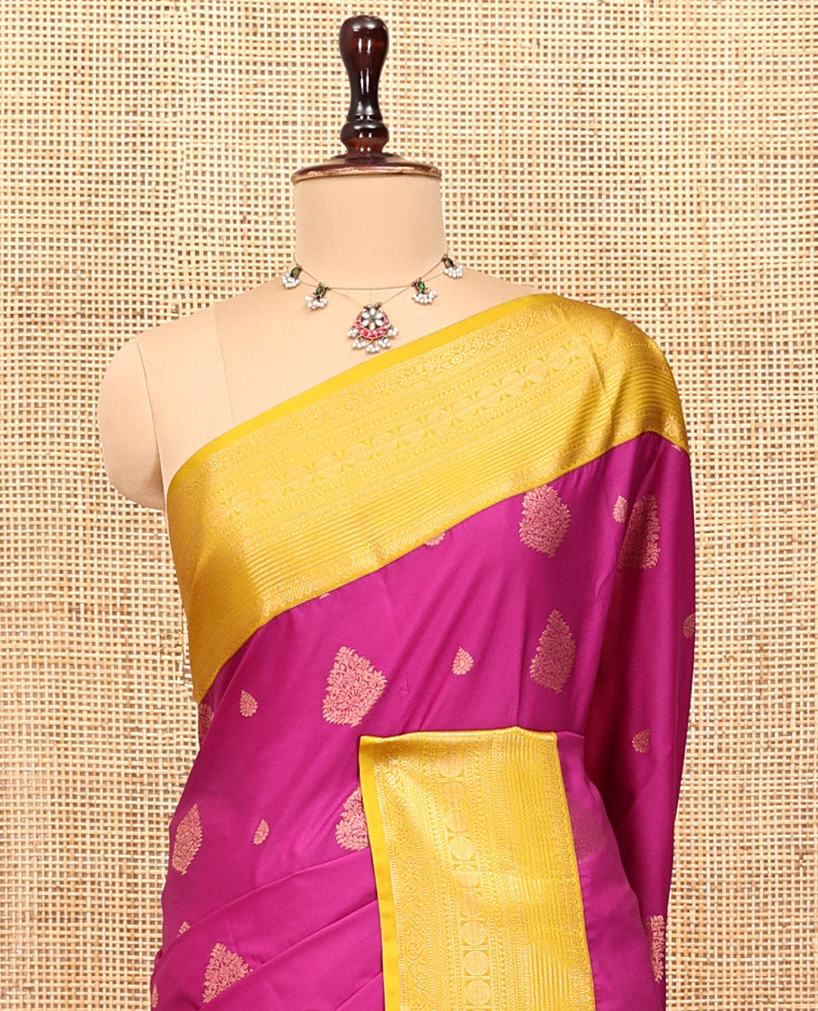 Magenta-Fluorescent Green Budget Silk Saree Features Buttas, Contrast Border, Pallu, and Contrast Blouse
