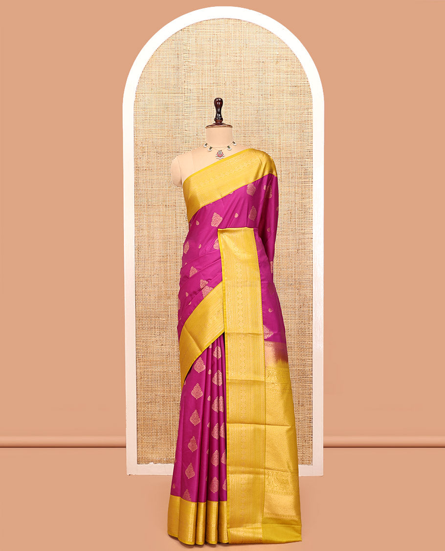 Magenta-Fluorescent Green Budget Silk Saree Features Buttas, Contrast Border, Pallu, and Contrast Blouse