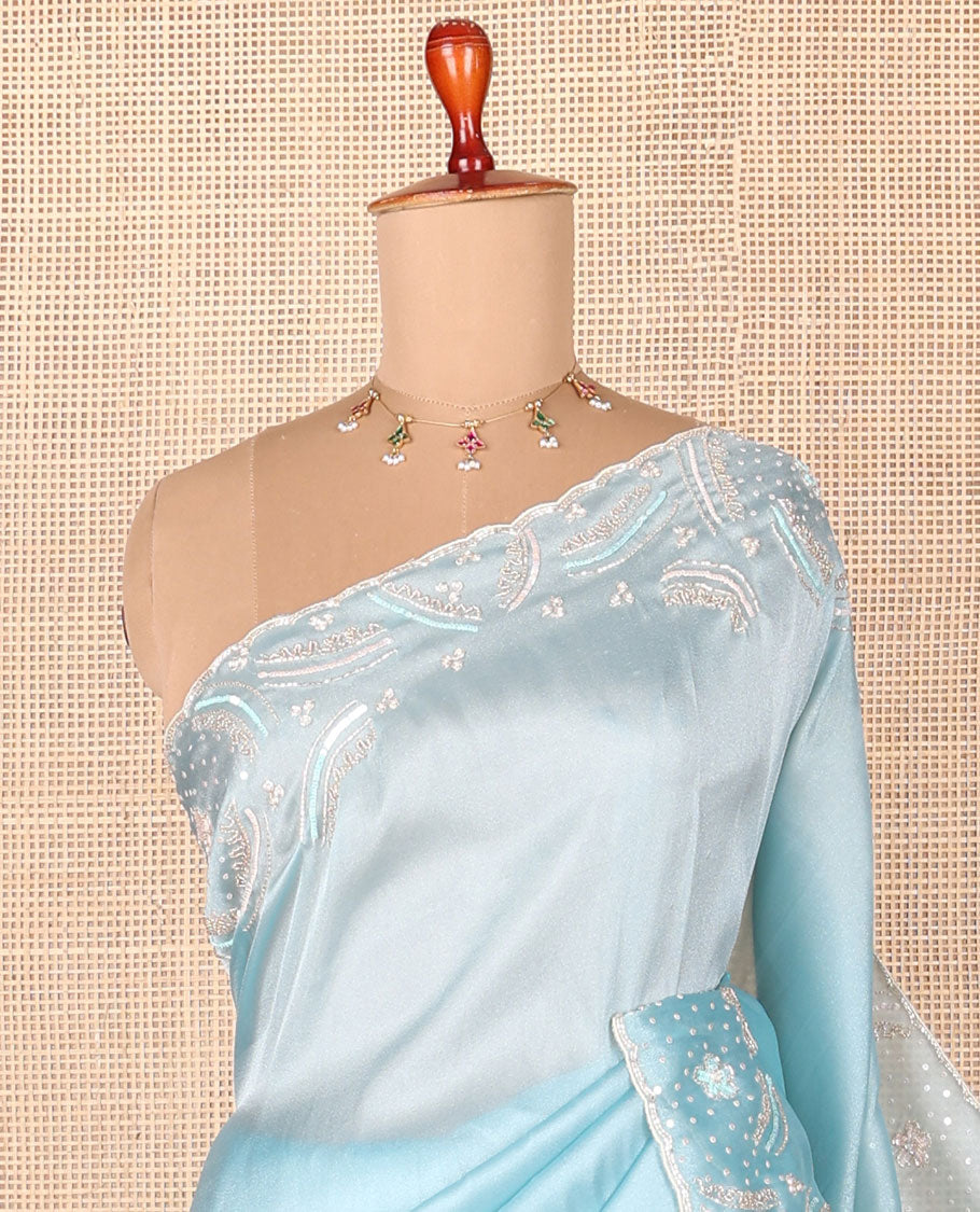 Blue plain designer saree, scallop embroidered border & contrast blue leaf-neck floral thread embroidery readymade blouse