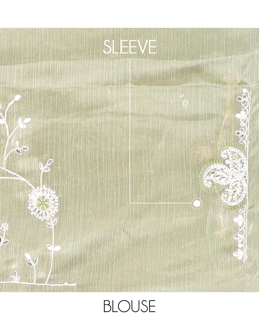 Green floral vine gota patti embroidered designer saree, self-border of floral & paisley motifs in gota patti embroidery