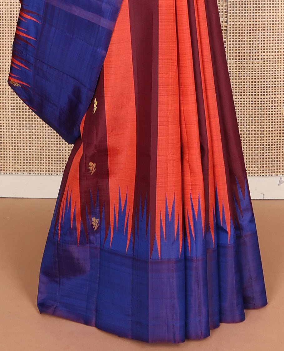 Maroon & orange striped Kanchipuram silksaree with zari buttas, contrast one-sided thaampoo rekku border & zari woven pallu