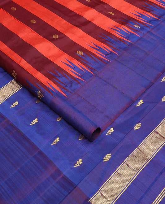 Maroon & orange striped Kanchipuram silksaree with zari buttas, contrast one-sided thaampoo rekku border & zari woven pallu