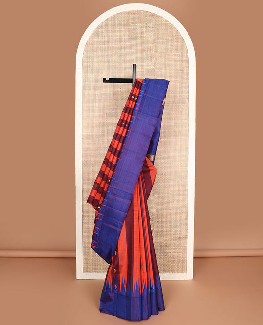 Maroon & orange striped Kanchipuram silksaree with zari buttas, contrast one-sided thaampoo rekku border & zari woven pallu