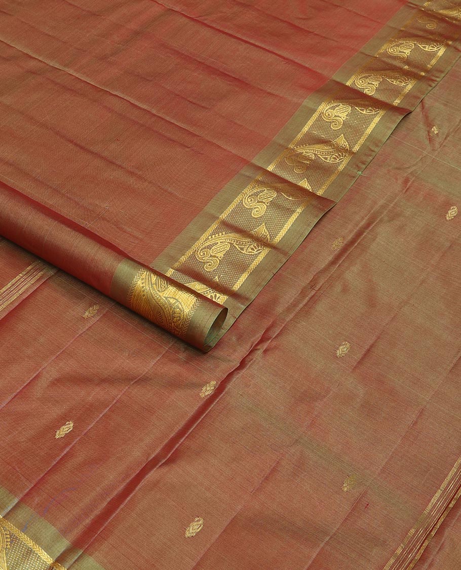Brown zari buttas Kanchipuram silk saree, contrast instrumental theme, zari woven border of veena motifs, and zari design pallu