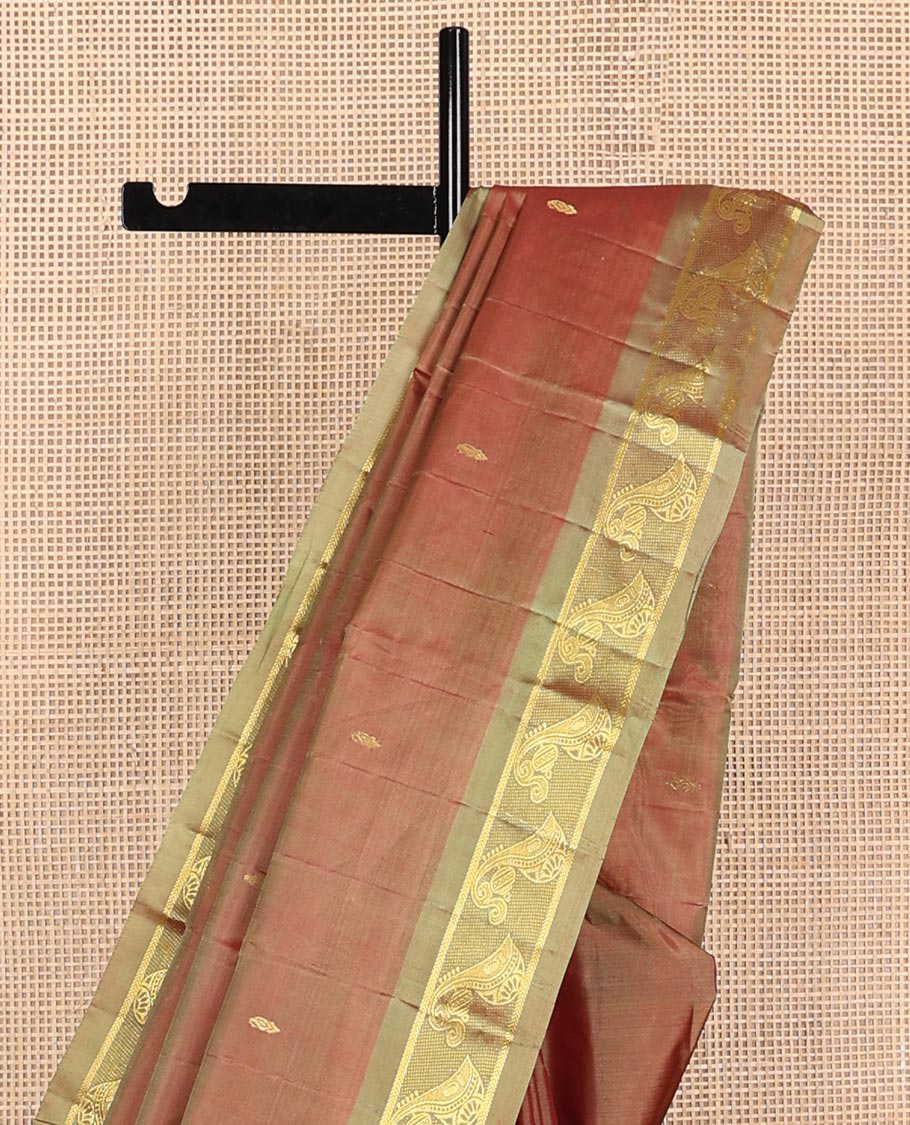 Brown zari buttas Kanchipuram silk saree, contrast instrumental theme, zari woven border of veena motifs, and zari design pallu
