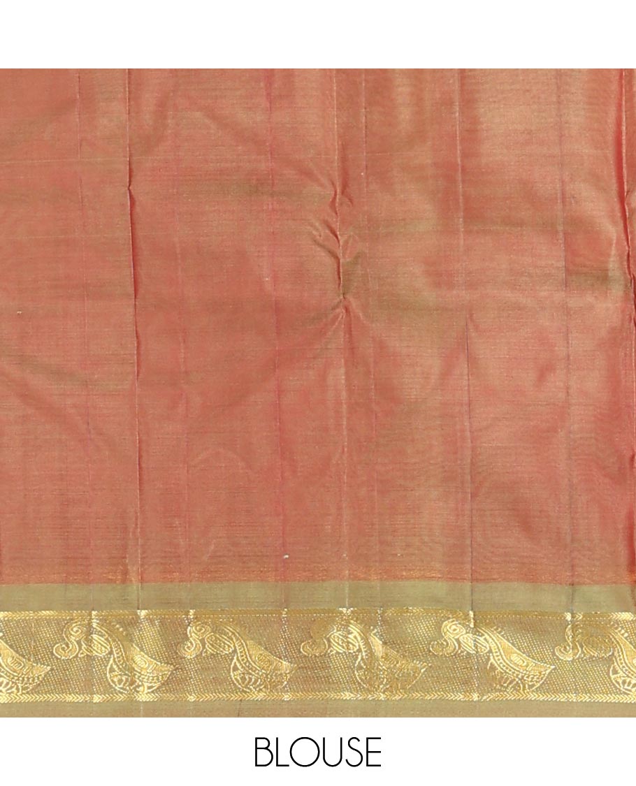 Brown zari buttas Kanchipuram silk saree, contrast instrumental theme, zari woven border of veena motifs, and zari design pallu