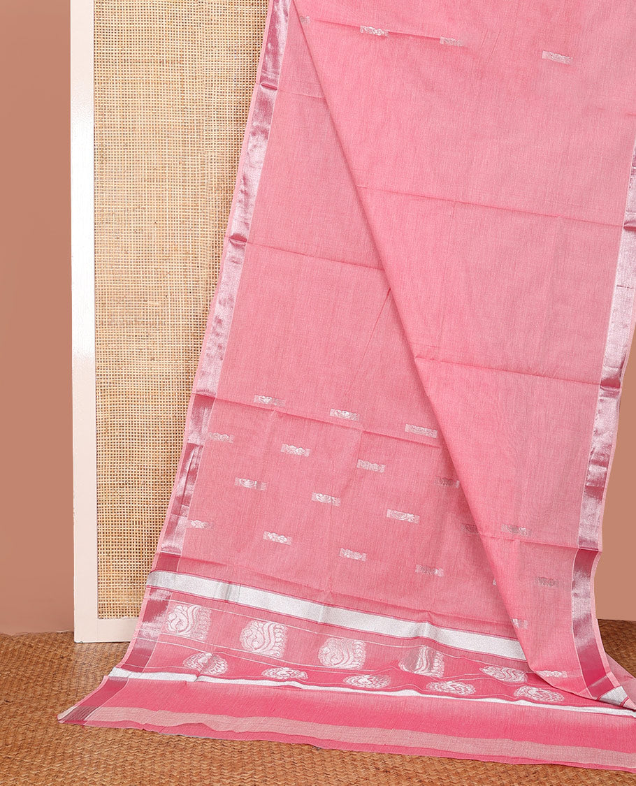 Pink Kerala Saree, Finely Woven with Zari Buttas on Its Body, Subtly Sparkled Zari Bavanji Border, Pallu Depicting Paisley Designs, and Paired with a Matching Blouse