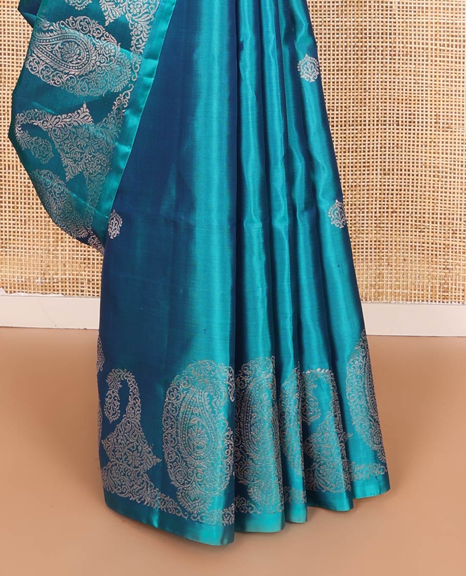 Borderless blue zari buttas and paisleys soft silk saree, zari woven pallu of intricate designs