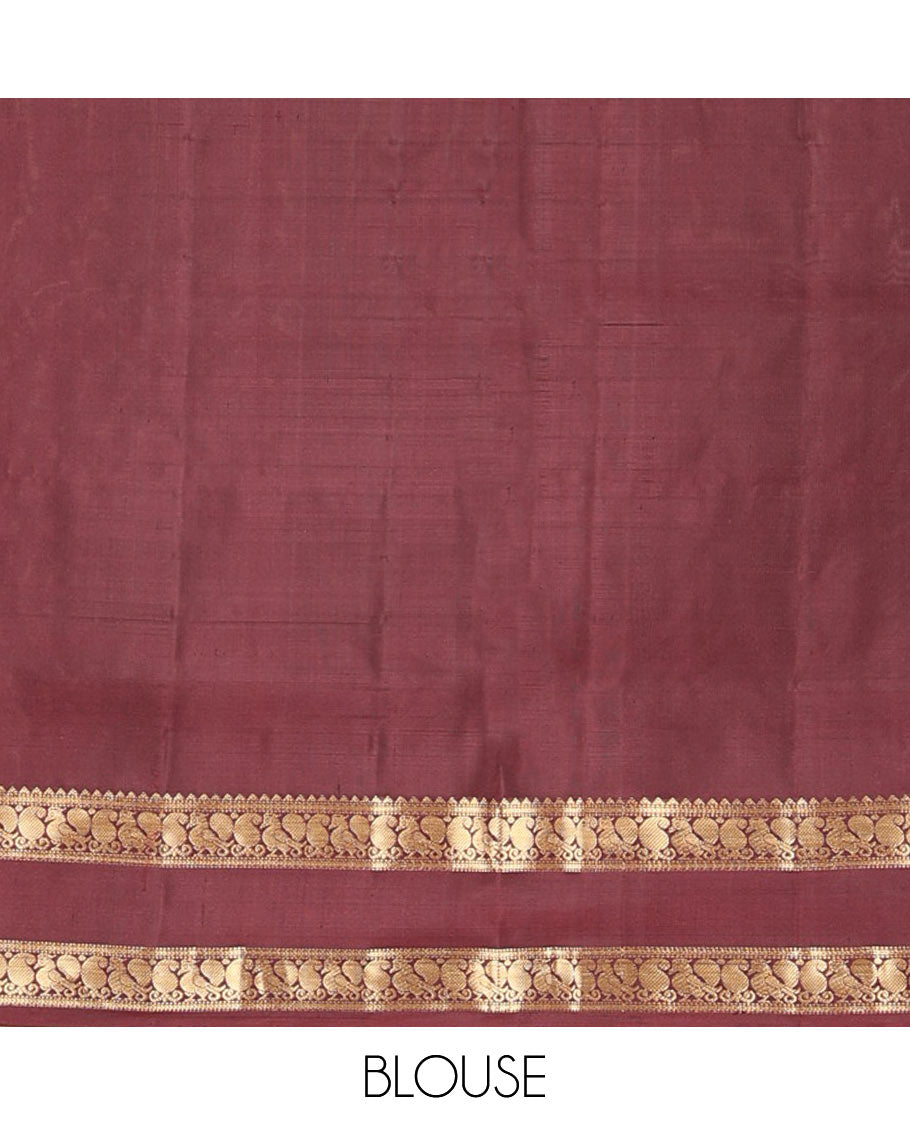 Lavender rudraksham butta enclosed checked soft silk saree, contrast rettai pettu border of rekku, muthu, banaras, and mayil designs, and jaal pallu