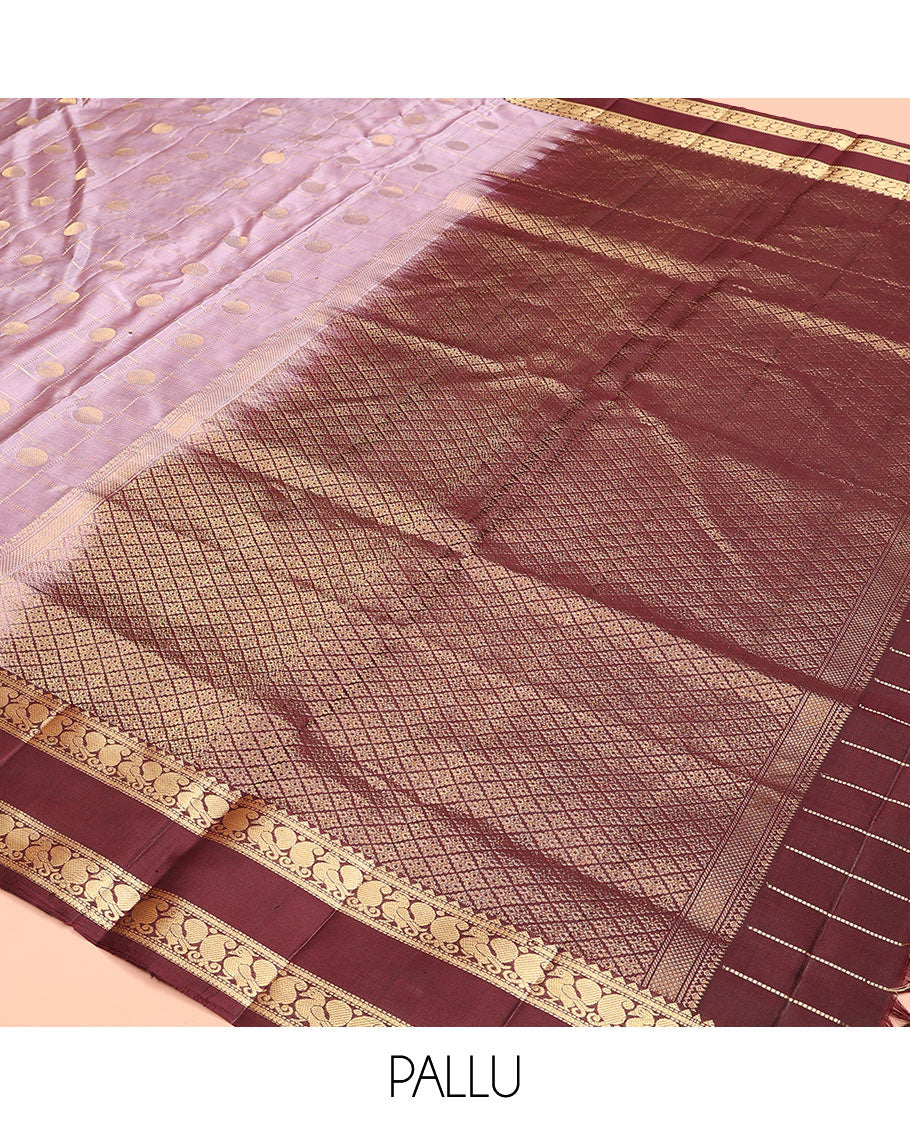 Lavender rudraksham butta enclosed checked soft silk saree, contrast rettai pettu border of rekku, muthu, banaras, and mayil designs, and jaal pallu
