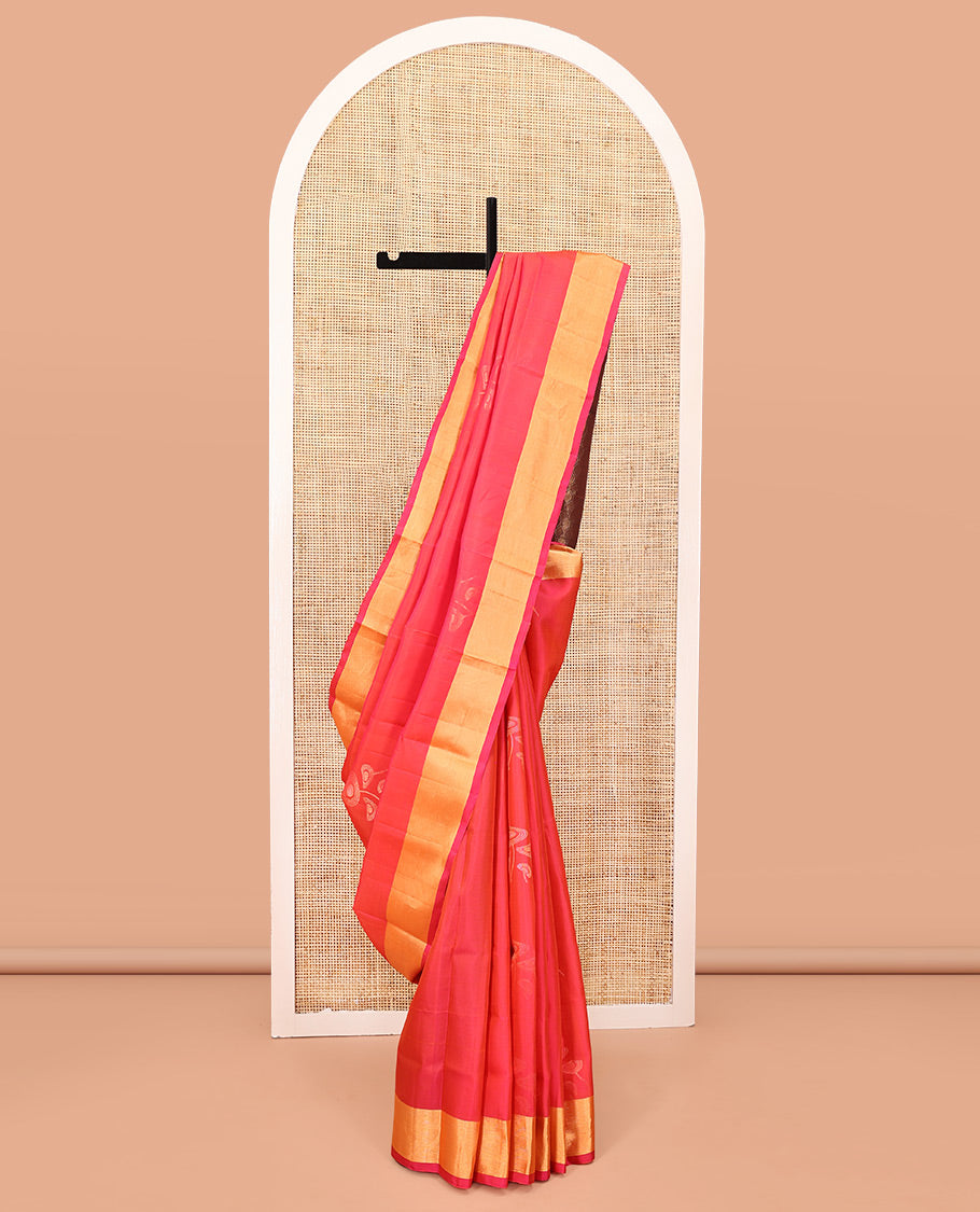 Pink Mayuri Lite Silk Mix Saree, Sparsely Woven with Zari Buttas on Its Body, Highlighted by Zari Bavanji Border, Complemented by a Contrast Pallu of Intricate Designs, and Paired with a Contrast Blouse