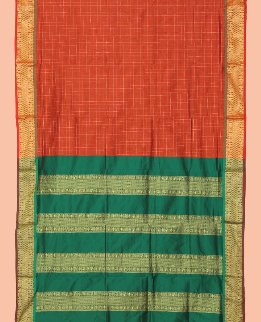 Orange Checked Ten Yard Saree, Highlighted by a Zari Border of Peacock-Chakram and Ara Maadam Designs, Traditional Pallu, and No Blouse