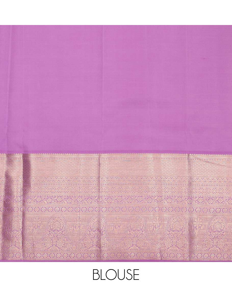 Green pure-silk half saree, jacquard with contrast traditional zari bordered skirt, blouse of thilakam, muthu, mayil kann, kodi visiry, and kamalam motifs, and zari design dhavani