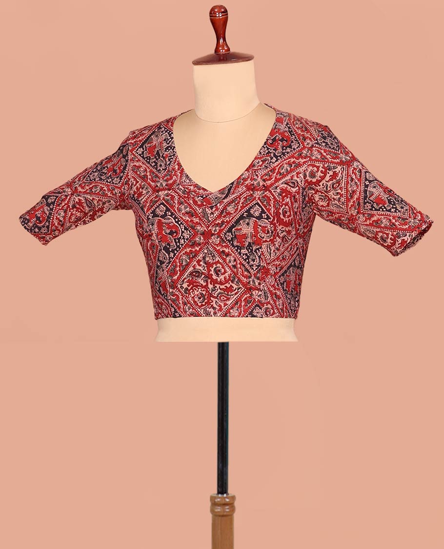 Red Cotton Readymade Blouse Adorned with All-Over Floral and Elephant Motifs Print, Featuring a Front Leaf-Neck, a Closed Back Neck, and Elbow Sleeves