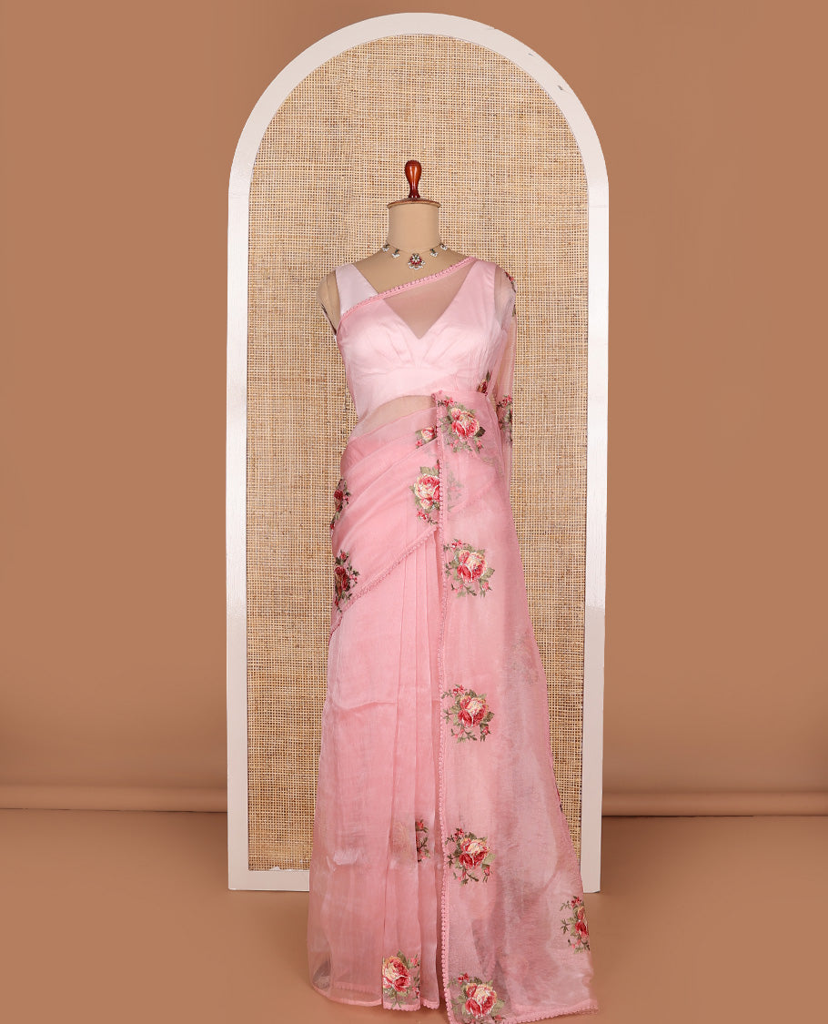 Pink rose flower colorful thread embroidered designer organza saree, thin embroidered lace border